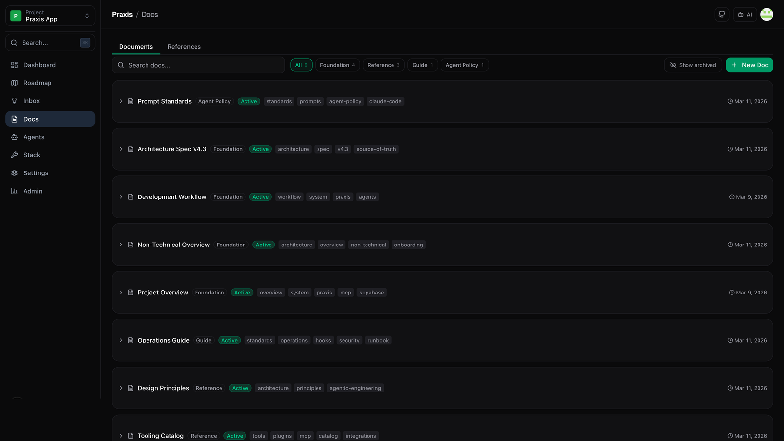 Praxis Docs — memory and documentation view