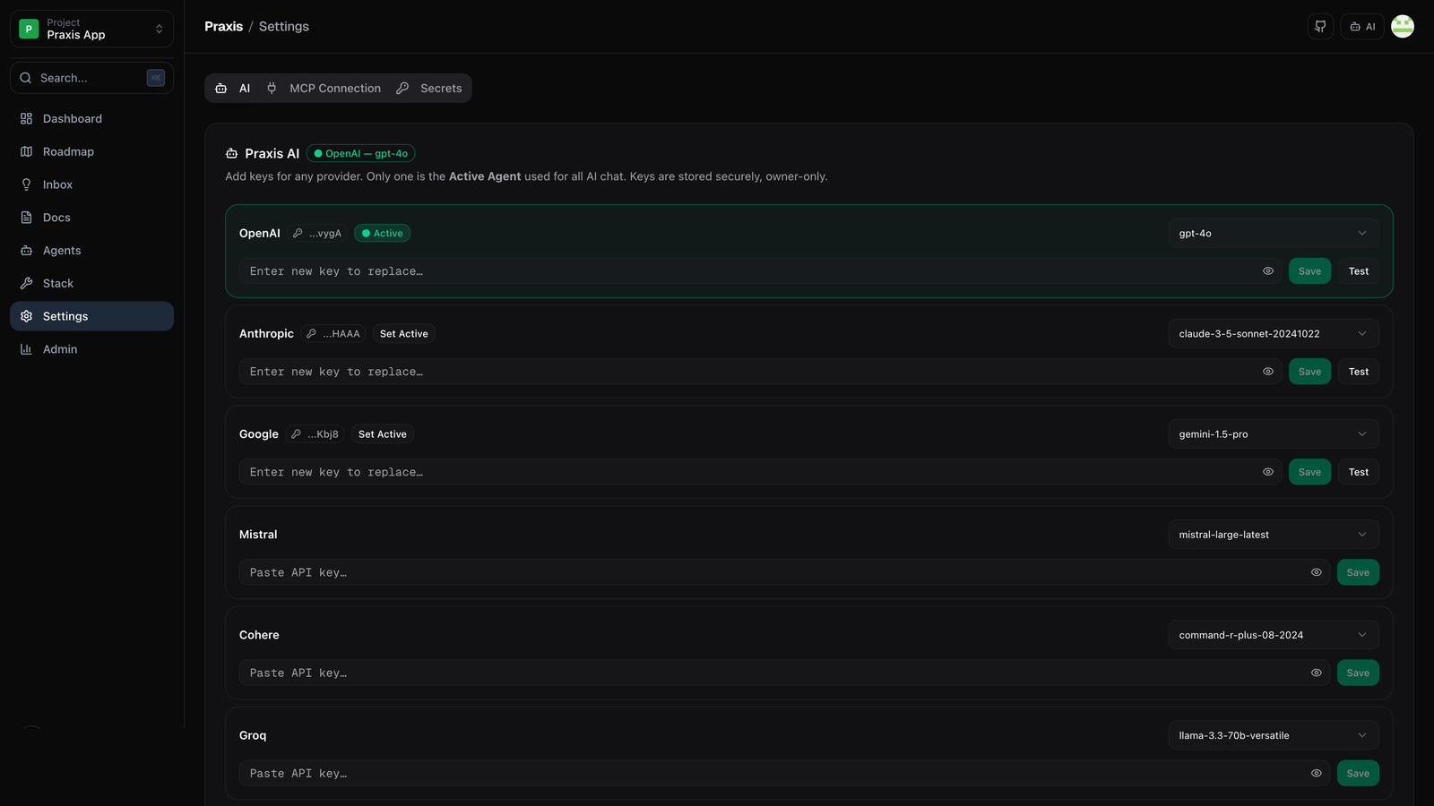 Praxis Settings — project configuration